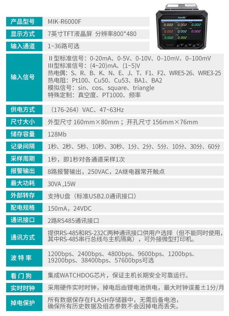 米科MIK-R6000F無紙記錄儀產品參數